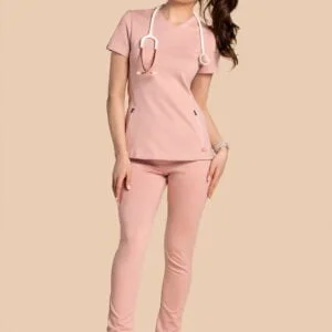 Komplet scrubs medyczny damski – bluza Twozip + Joggery – różowy
