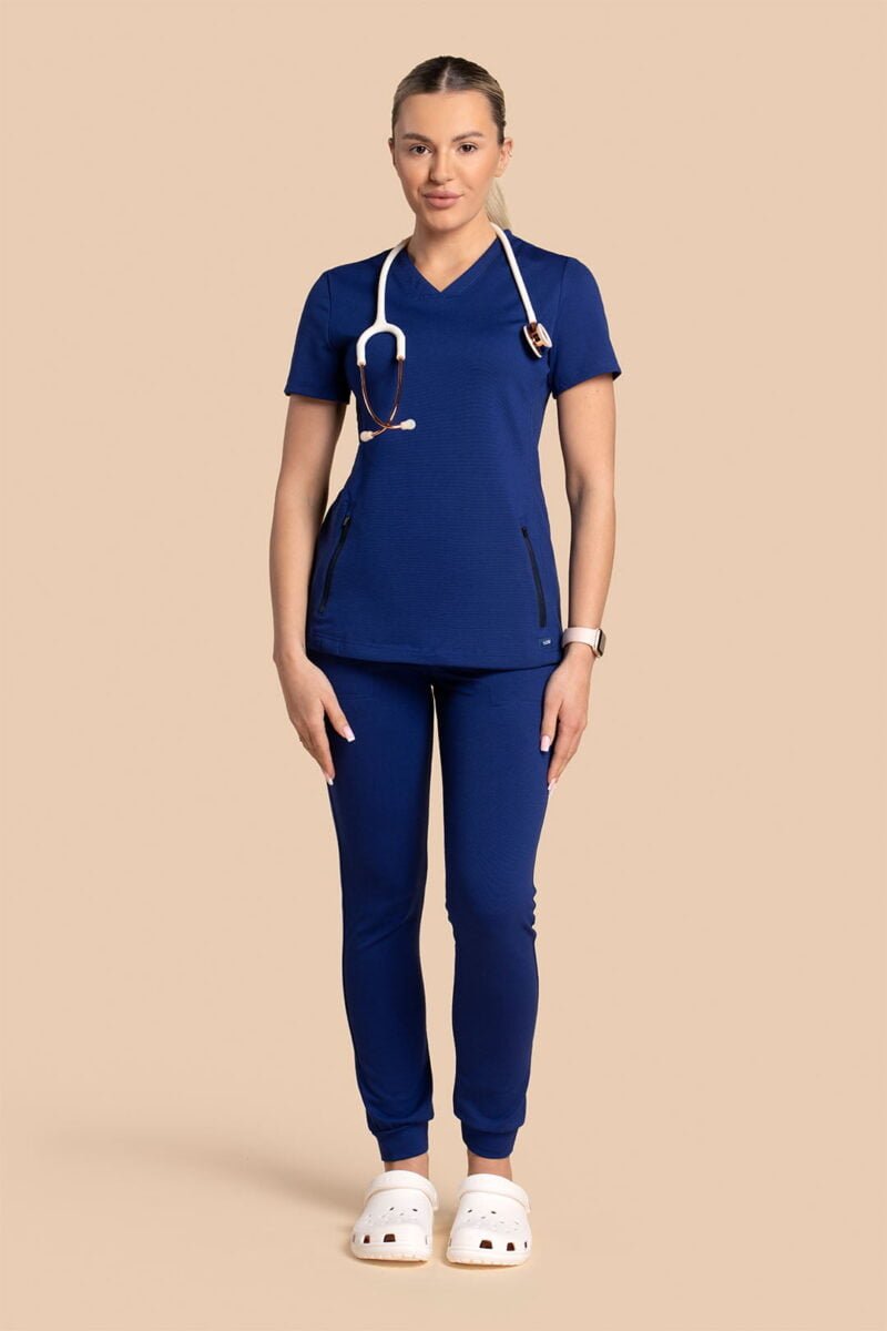 Komplet scrubs medyczny damski – bluza Twozip + Joggery – granatowy