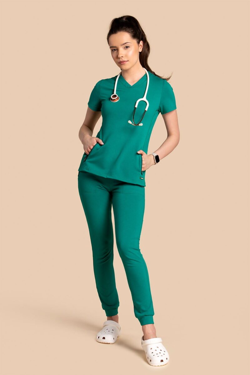 Komplet scrubs medyczny damski – bluza Twozip + Joggery – zielony