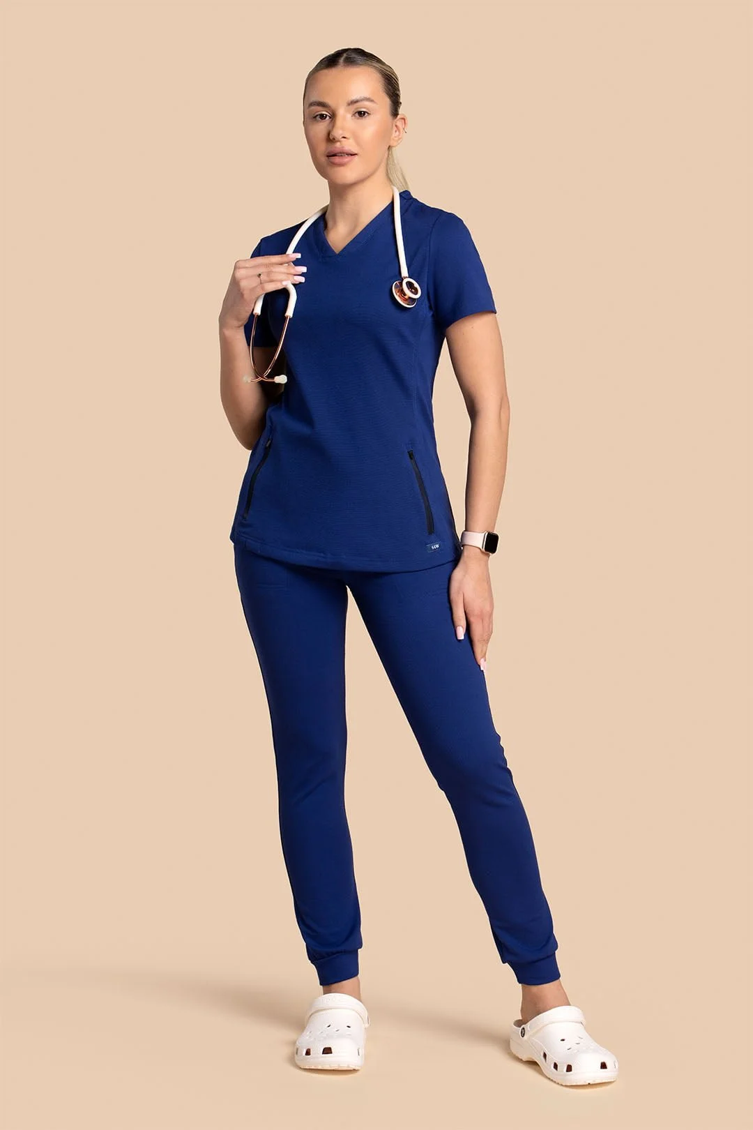 Komplet scrubs medyczny damski – bluza Twozip + Joggery – granatowy