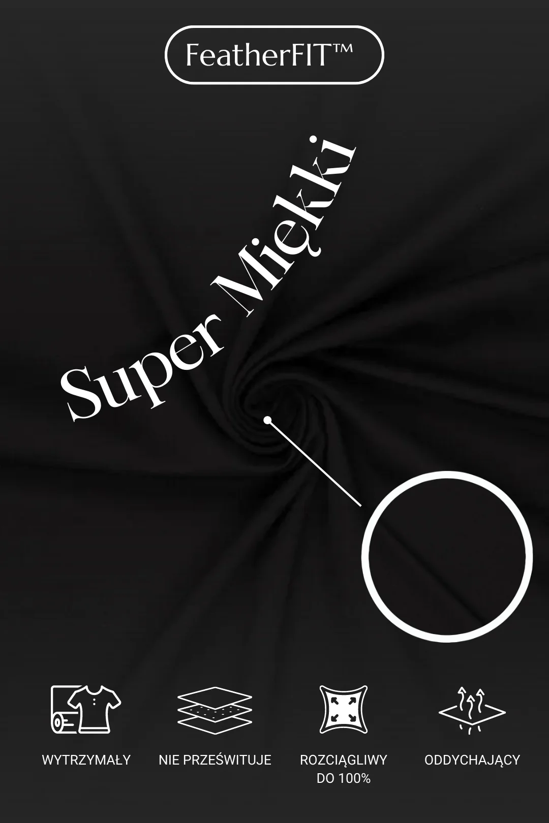 Materiał scrubsów medycznych pokazany z bliska oraz jego cechy: wytrzymały, nie prześwituje, rozciągliwy, oddychający.