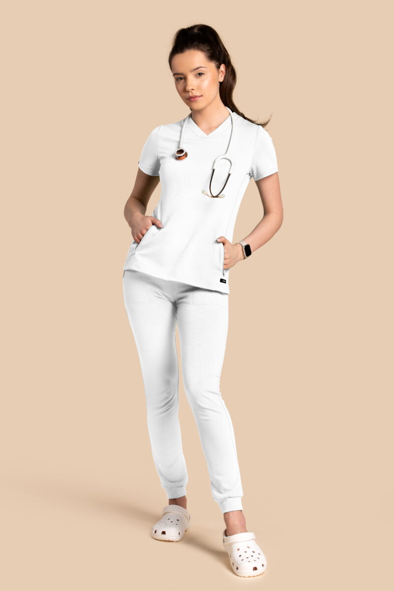 Komplet scrubs medyczny damski – bluza Twozip + Joggery – biały