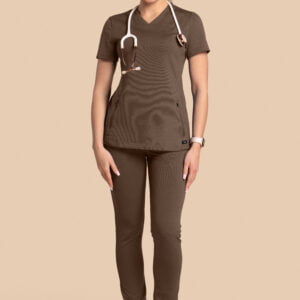 Komplet scrubs medyczny damski – bluza Twozip + Joggery – brązowy