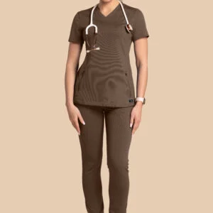 Komplet scrubs medyczny damski – bluza Twozip + Joggery – brązowy