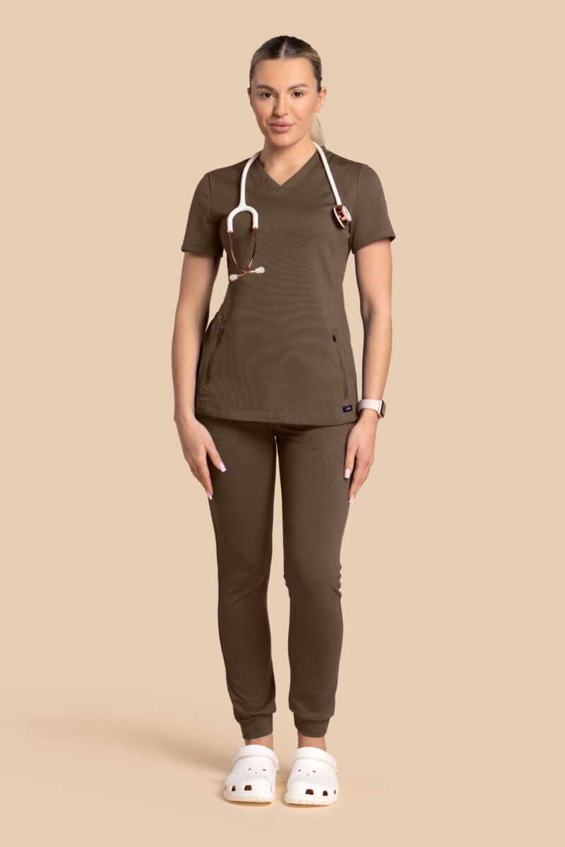 Komplet scrubs medyczny damski – bluza Twozip + Joggery – brązowy