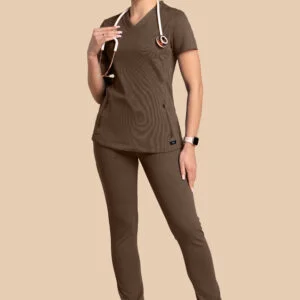 Komplet scrubs medyczny damski – bluza Twozip + Joggery – brązowy