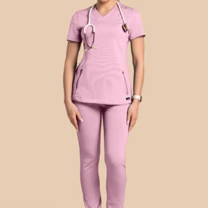 Komplet scrubs medyczny damski – bluza Twozip + Joggery – Cukierkowy Róż