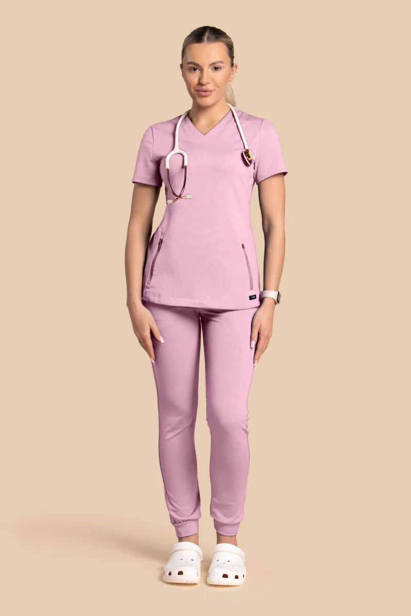 Komplet scrubs medyczny damski – bluza Twozip + Joggery – Cukierkowy Róż
