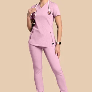 Komplet scrubs medyczny damski – bluza Twozip + Joggery – Cukierkowy Róż