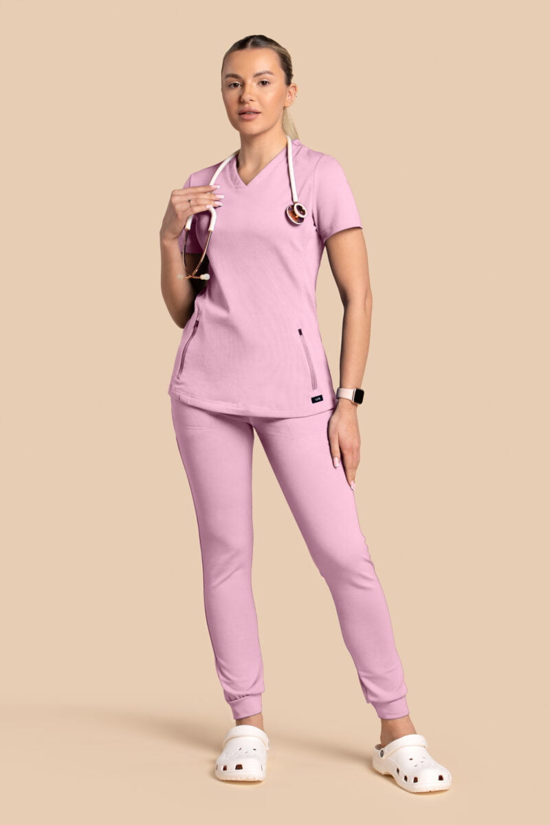 Komplet scrubs medyczny damski – bluza Twozip + Joggery – Cukierkowy Róż