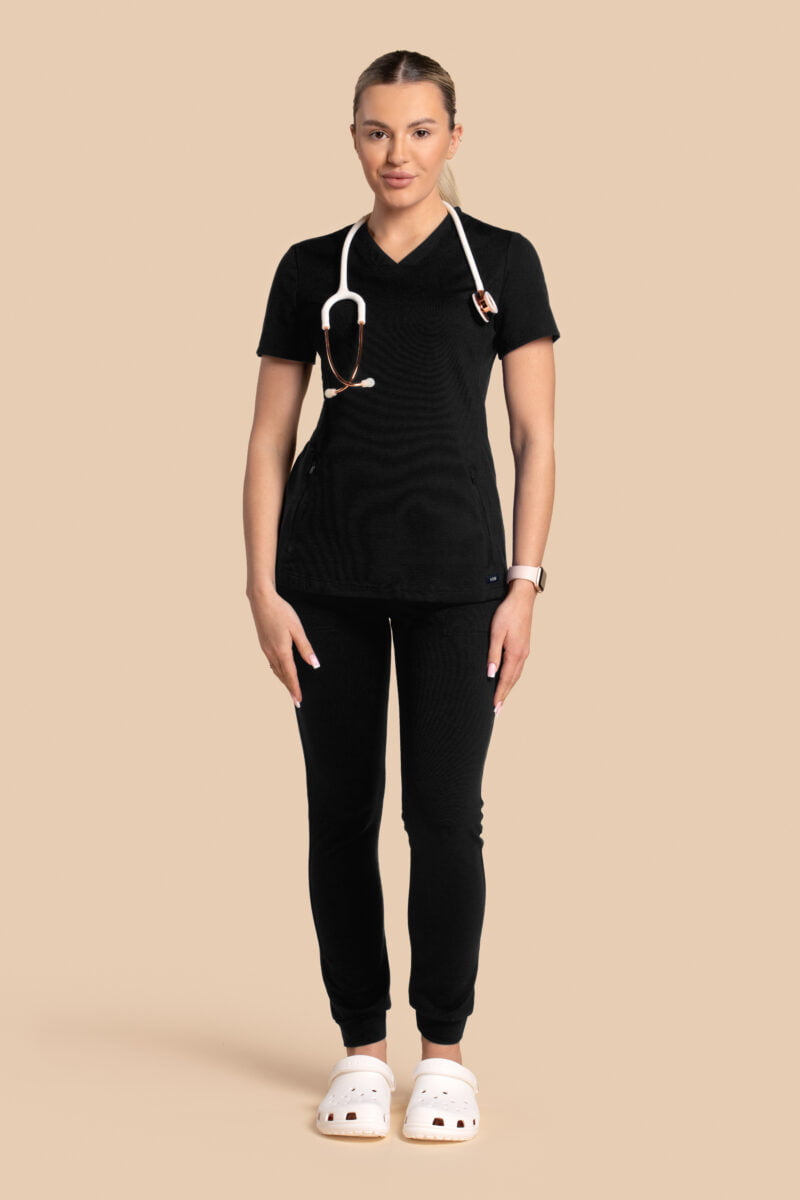Komplet scrubs medyczny damski – bluza Twozip + Joggery – czarny