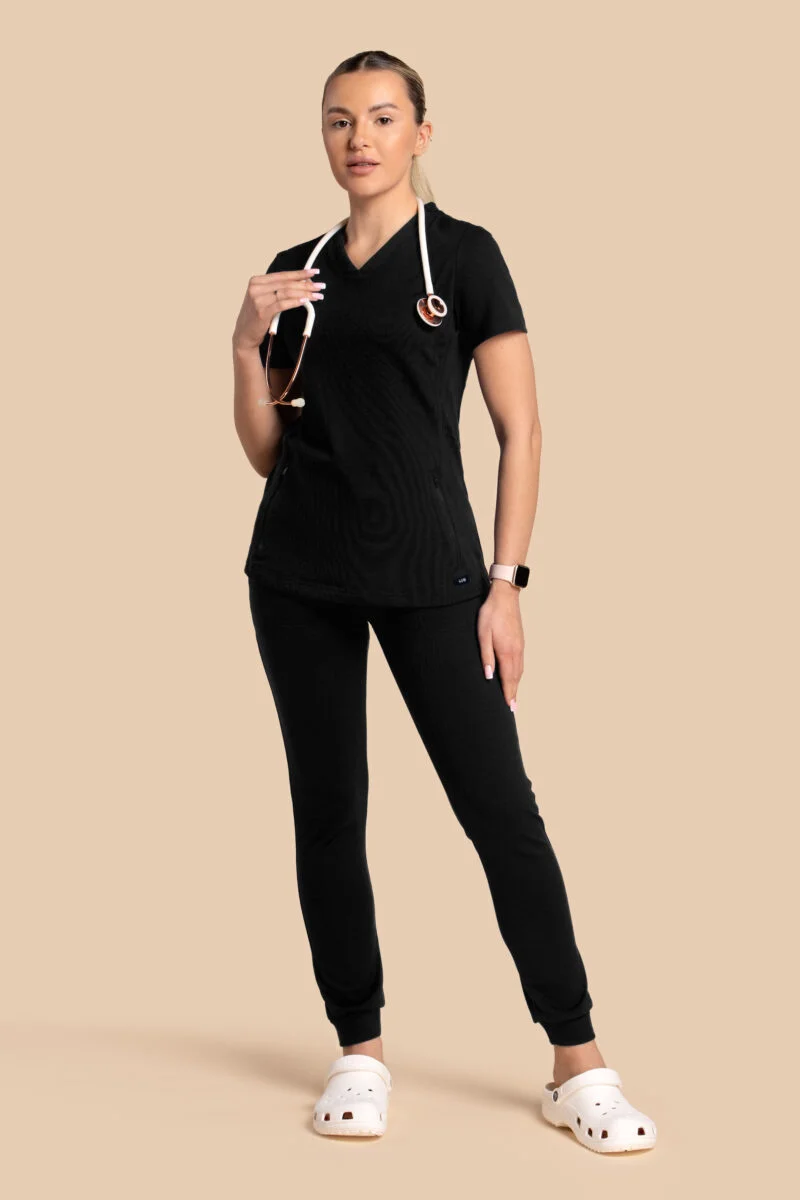 Komplet scrubs medyczny damski – bluza Twozip + Joggery – czarny