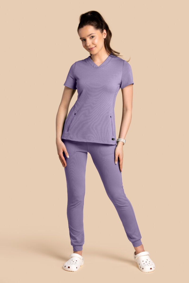 Komplet scrubs medyczny damski – bluza Twozip + Joggery – liliowy