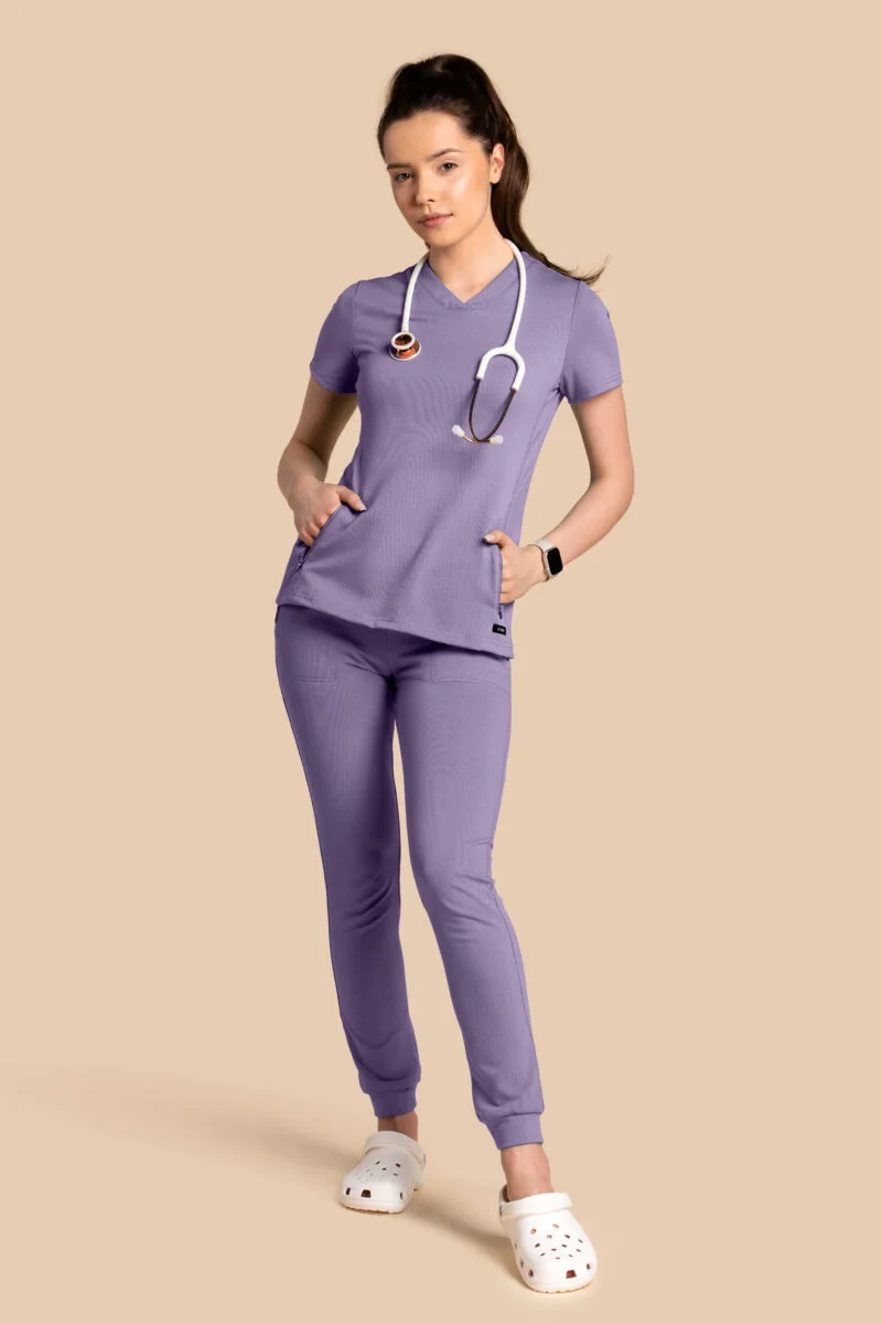 Komplet scrubs medyczny damski – bluza Twozip + Joggery – liliowy