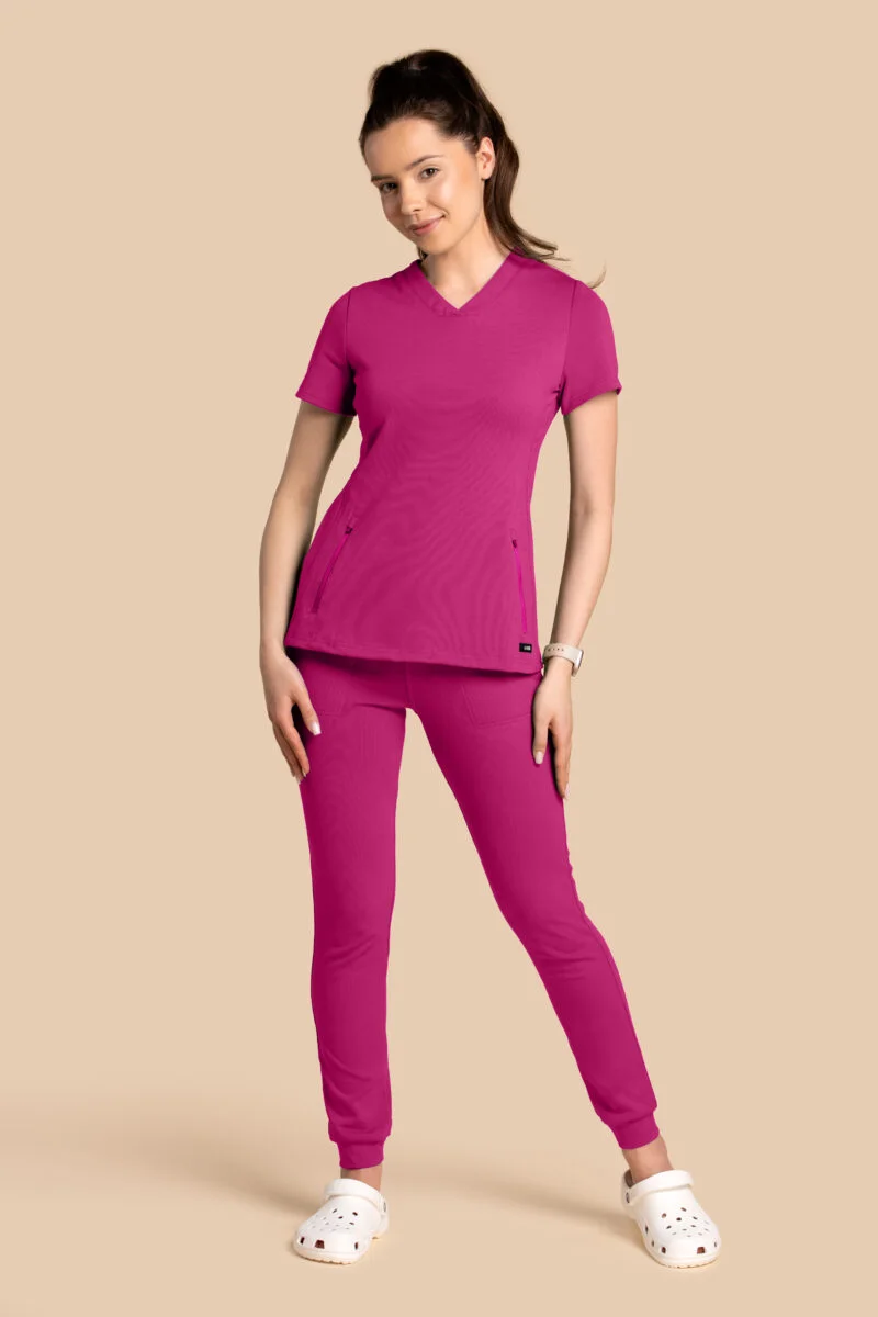 Komplet scrubs medyczny damski – bluza Twozip + Joggery – magenta