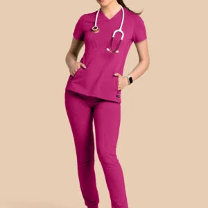 Komplet scrubs medyczny damski – bluza Twozip + Joggery – magenta