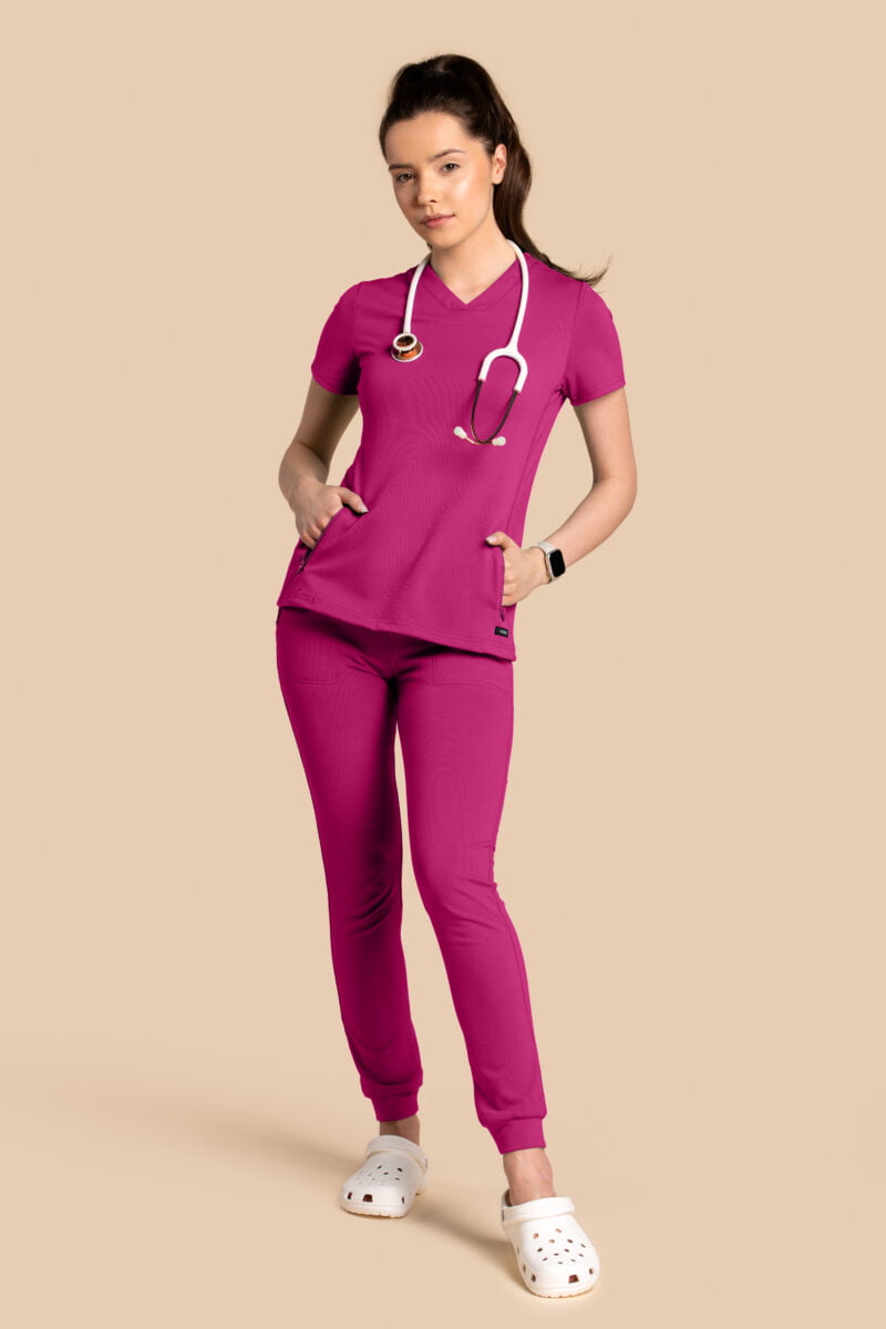 Komplet scrubs medyczny damski – bluza Twozip + Joggery – magenta