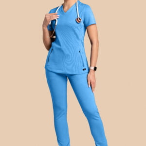Komplet scrubs medyczny damski – bluza Twozip + Joggery – niebieski
