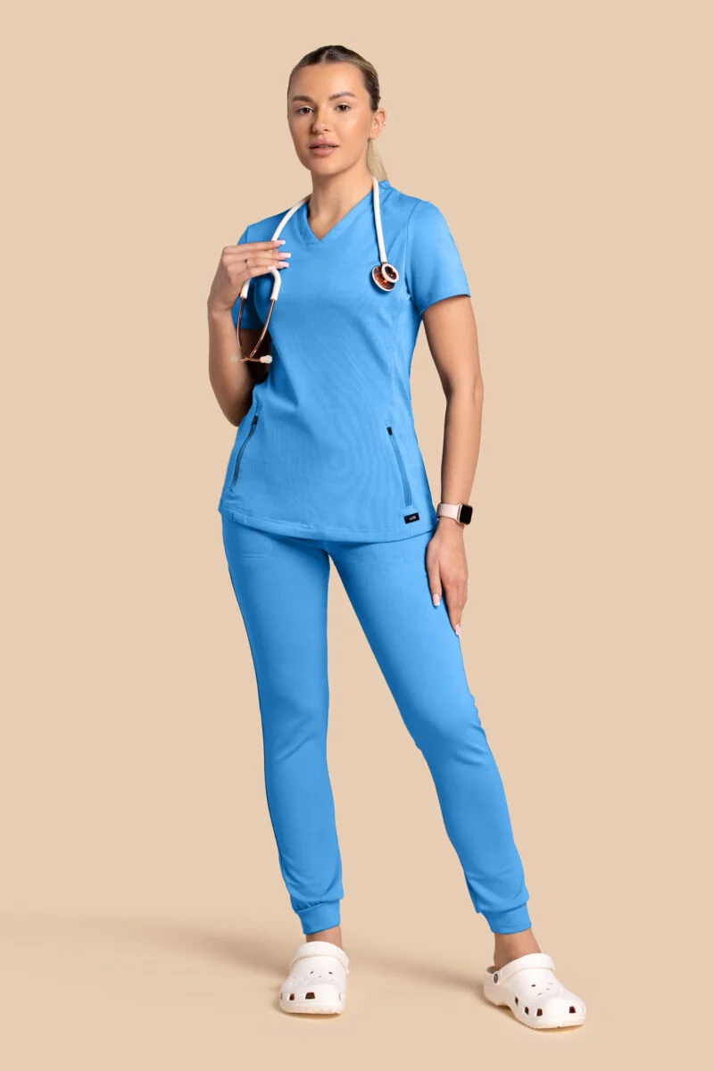 Komplet scrubs medyczny damski – bluza Twozip + Joggery – niebieski