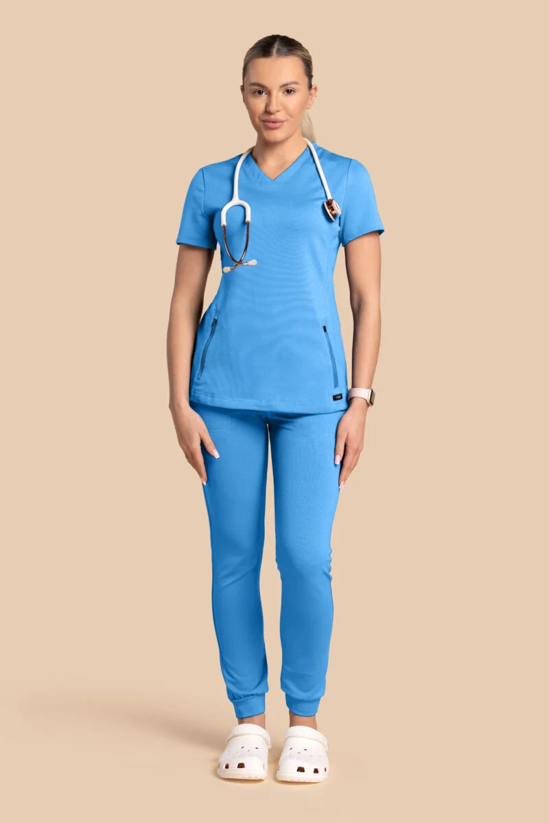 Komplet scrubs medyczny damski – bluza Twozip + Joggery – niebieski
