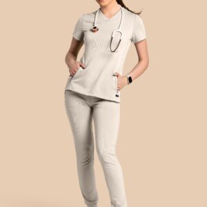 Komplet scrubs medyczny damski – bluza Twozip + Joggery – beżowy