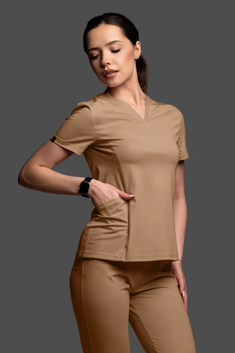 Bluza medyczna damska - Scrubs V-Top Light czekoladowy ciemny beżowy