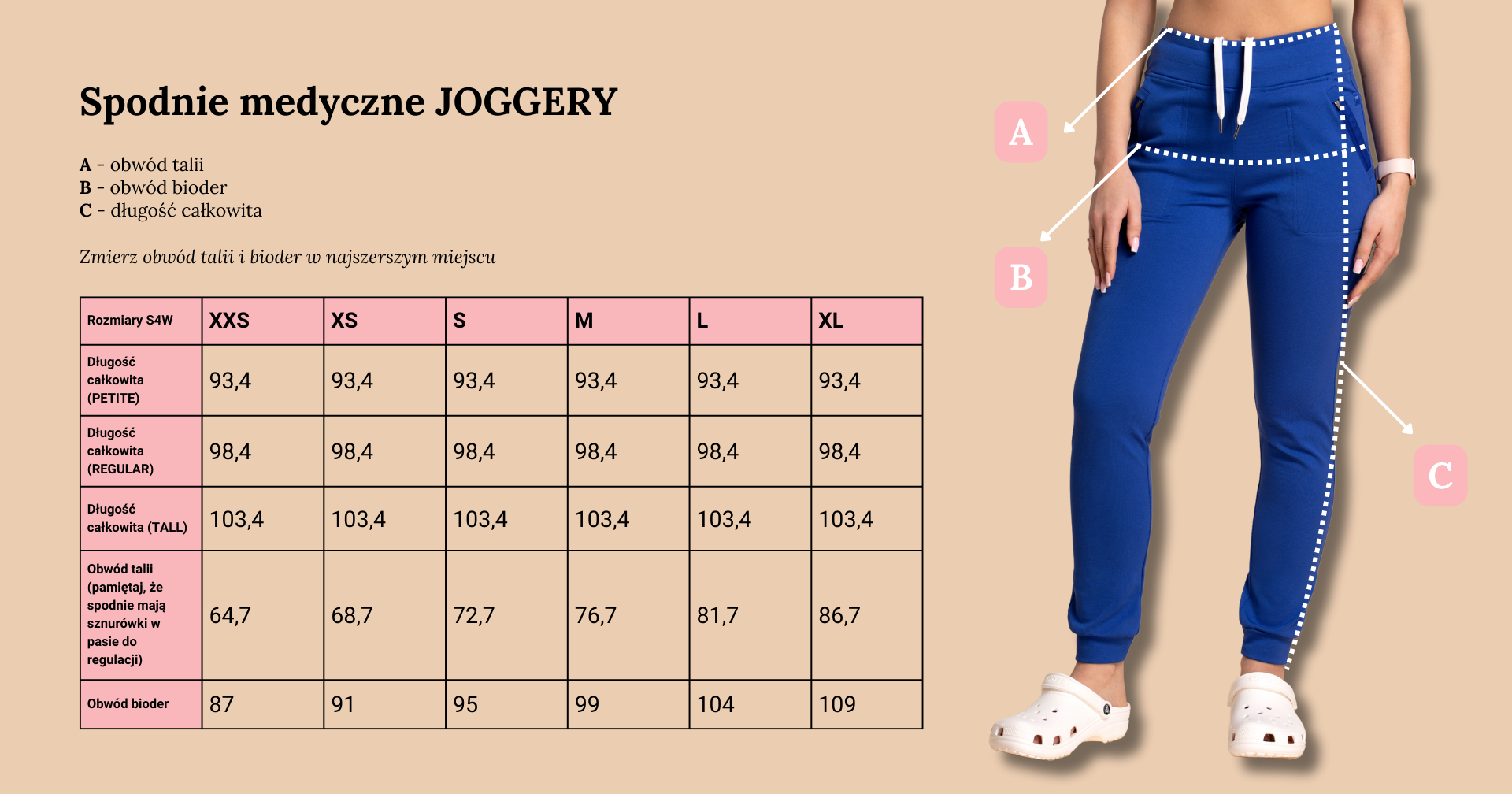 Spodnie medyczne JOGGERY tabela rozmiarów