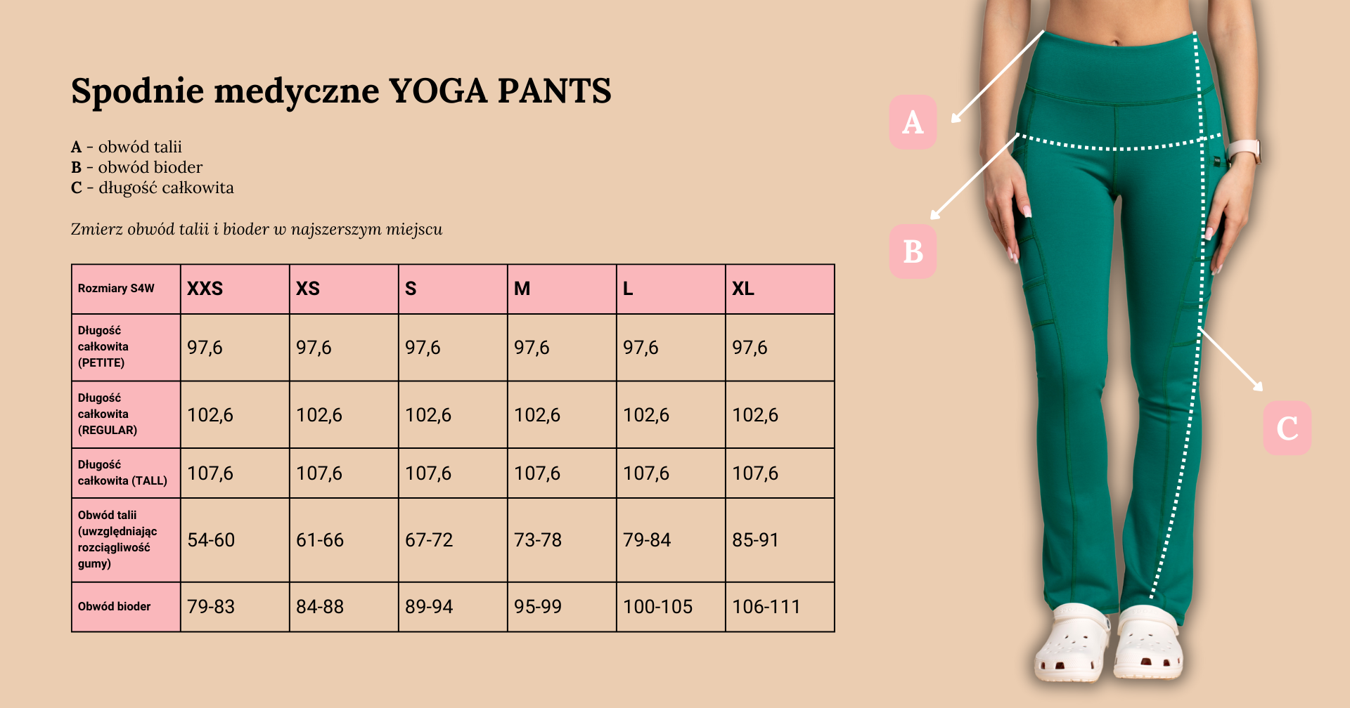 Spodnie medyczne YOGA PANTS tabela rozmiarów