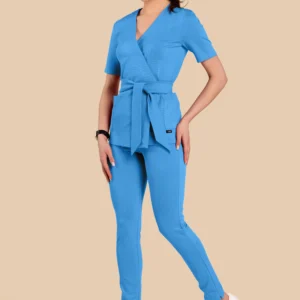 Komplet medyczny damski - Scrubs Tunika medyczna kopertowa damska krótki rękaw + Classic Pants niebieski
