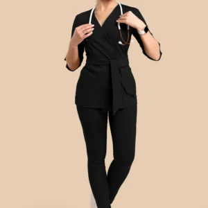 Komplet medyczny damski - Scrubs Tunika medyczna kopertowa damska rękaw 3/4 + Skinny Pants czarny