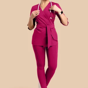 Komplet medyczny damski - Scrubs Tunika medyczna kopertowa damska rękaw 3/4 + Skinny Pants magenta