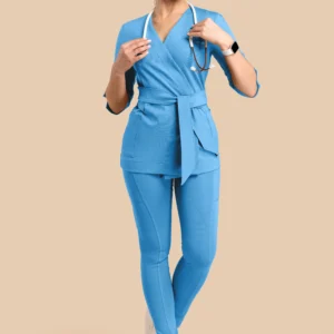 Komplet medyczny damski - Scrubs Tunika medyczna kopertowa damska rękaw 3/4 + Skinny Pants niebieski
