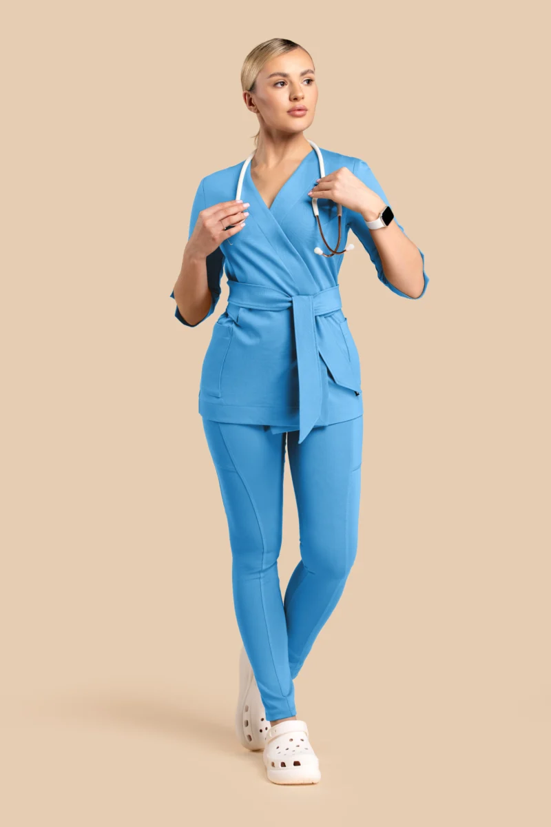 Komplet medyczny damski - Scrubs Tunika medyczna kopertowa damska rękaw 3/4 + Skinny Pants niebieski