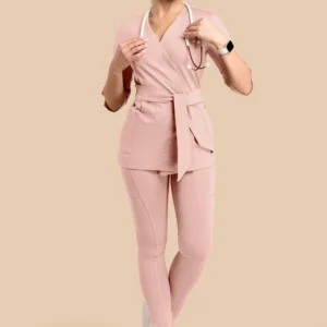 Komplet medyczny damski - Scrubs Tunika medyczna kopertowa damska rękaw 3/4 + Skinny Pants różowy