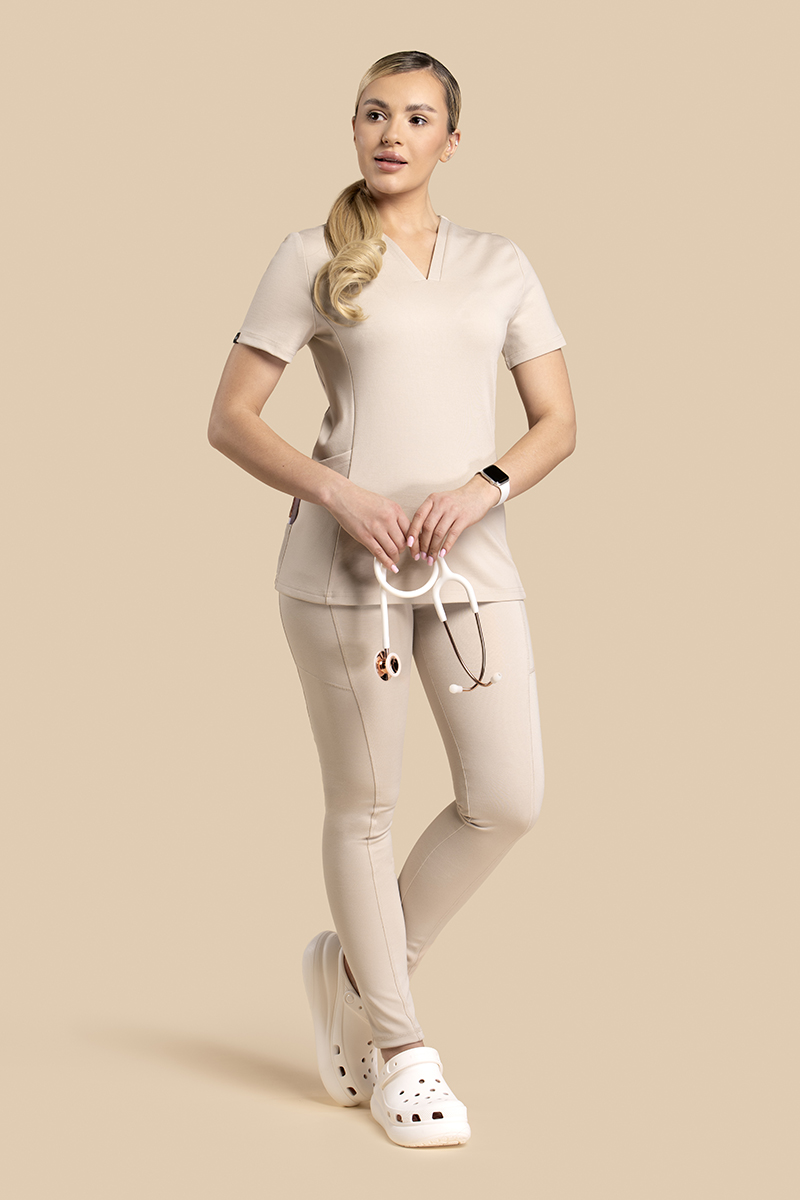 Komplet medyczny damski - Scrubs V-Top + Skinny Pants Beżowy