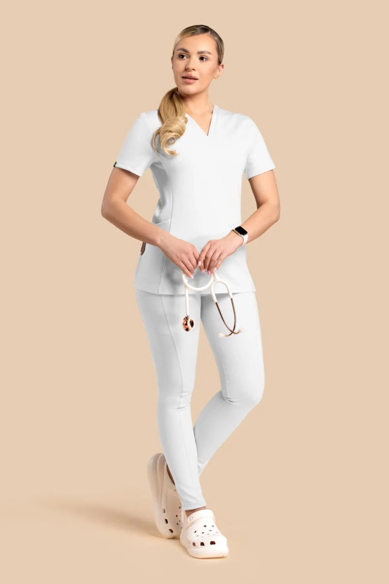 Komplet medyczny damski Scrubs V-Top Skinny Pants Biały