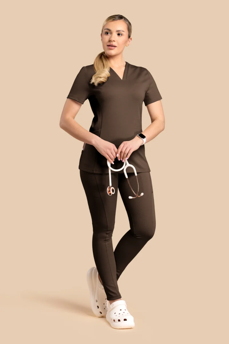 Komplet medyczny damski Scrubs V-Top Skinny Pants Brązowy