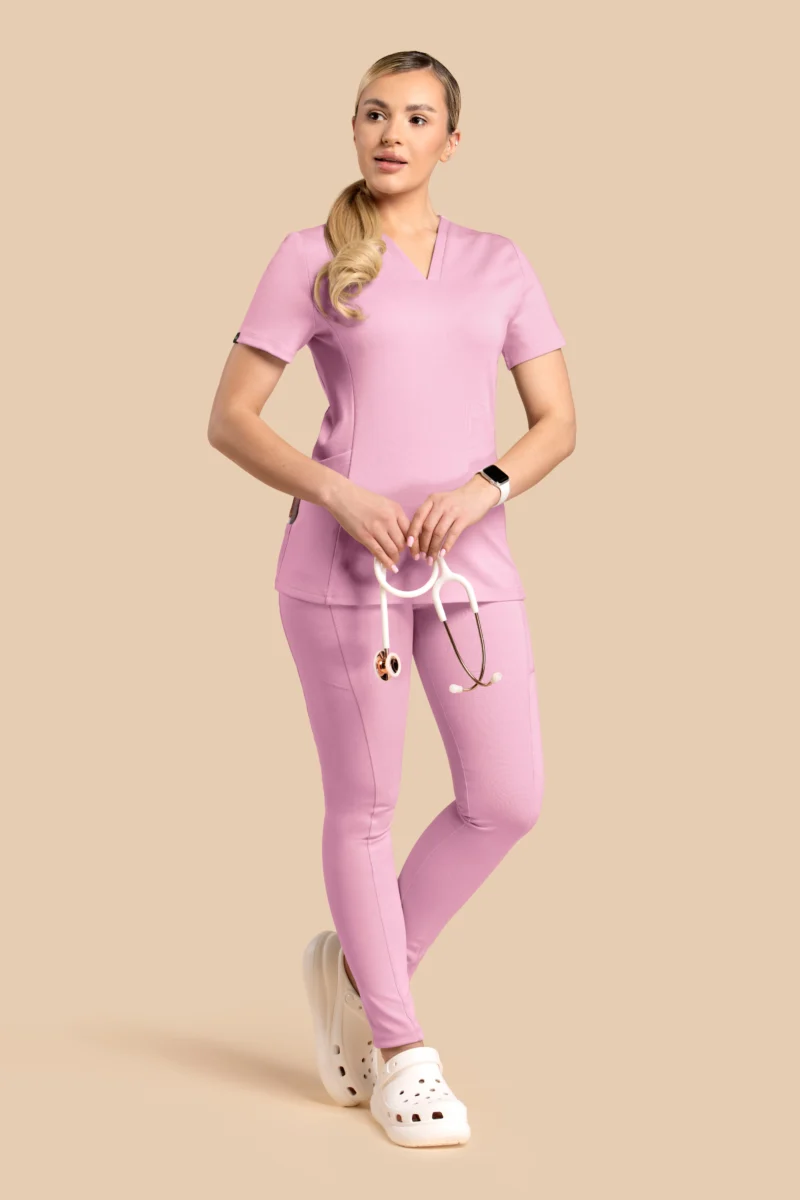 Komplet medyczny damski Scrubs V-Top Skinny Pants Cukierkowy Róż