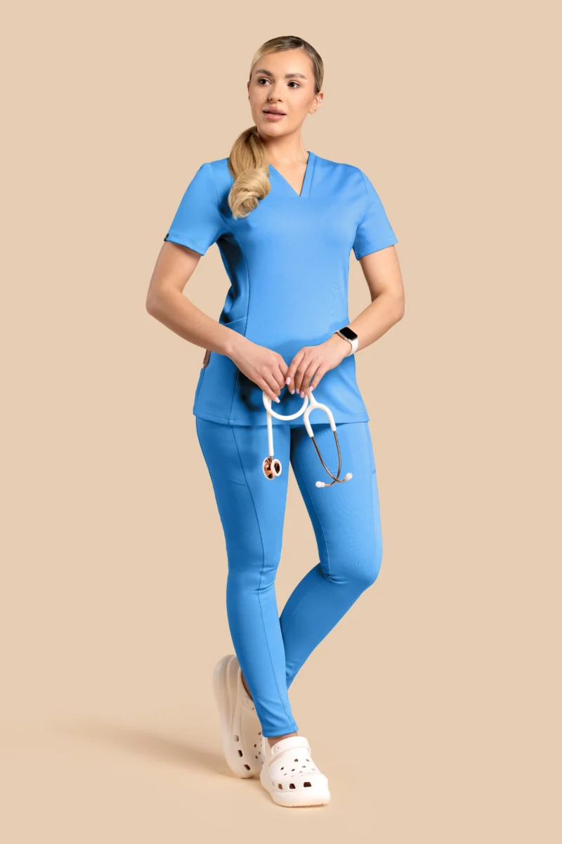 Komplet medyczny damski Scrubs V-Top Skinny Pants Niebieski