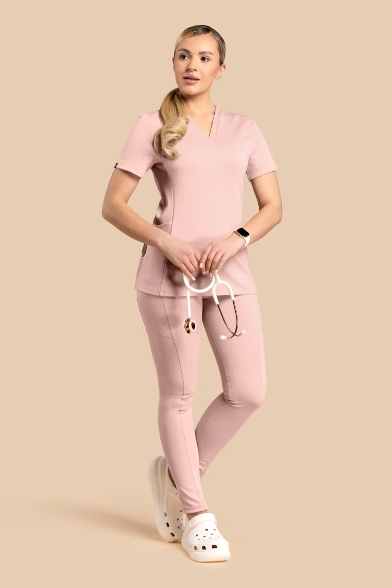 Komplet medyczny damski Scrubs V-Top Skinny Pants Różowy